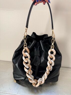 Black Drawstring Bucket Bag with Marble Chain Strap